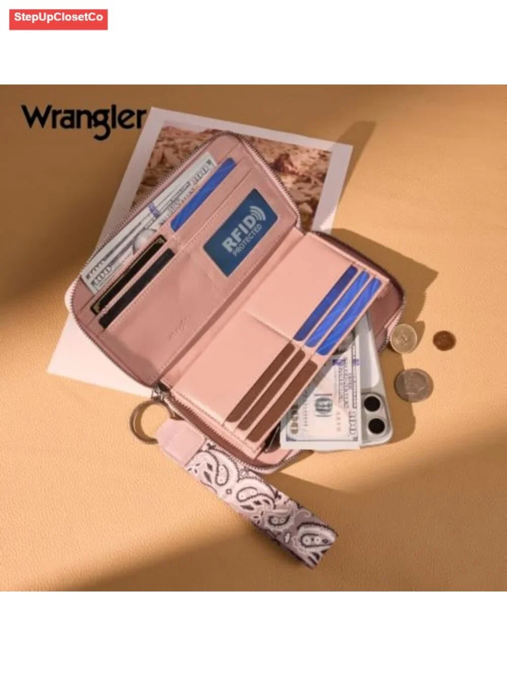 Faux Leather Wristlet Wallet RFID Blocking Zip Around Clutch